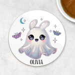 personalised cute kawaii ghost bunny spooky halloween 9cm round glossy coaster