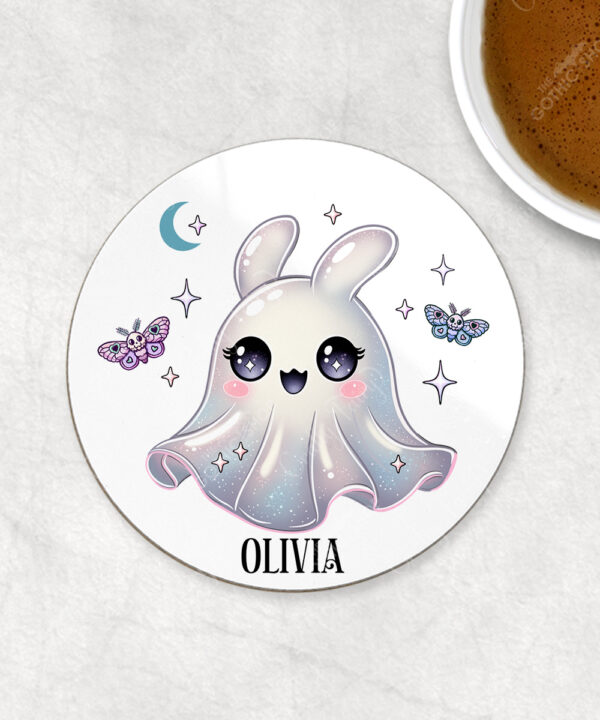 personalised cute kawaii ghost bunny spooky halloween 9cm round glossy coaster