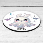 personalised cute kawaii ghost bunny spooky halloween 9cm round glossy coaster