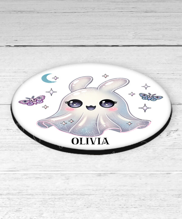 personalised cute kawaii ghost bunny spooky halloween 9cm round glossy coaster