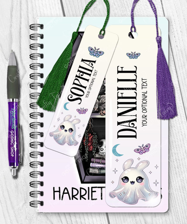 personalised cute kawaii ghost bunny spooky halloween metal bookmark gift