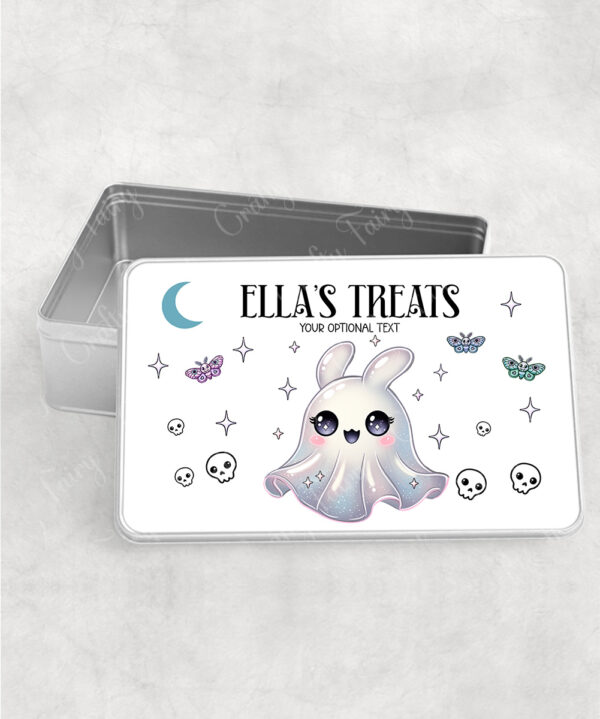 personalised cute kawaii ghost bunny spooky halloween rectangular tin gift