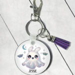 personalised cute kawaii ghost bunny spooky halloween round keyring