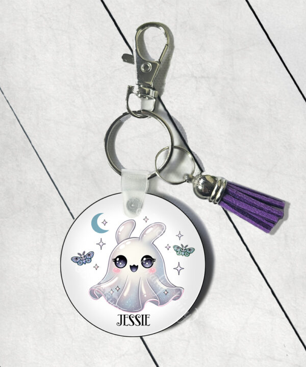 personalised cute kawaii ghost bunny spooky halloween round keyring
