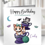 personalised kitschy kitty cats in teacups birthday card