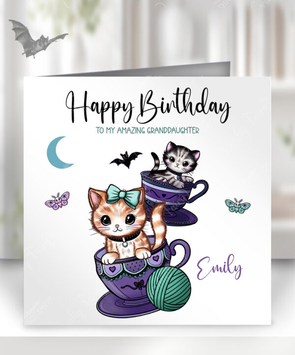personalised kitschy kitty cats in teacups birthday card