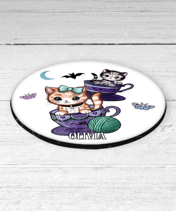 personalised kitschy kitty cats in teacups 9cm round glossy coaster