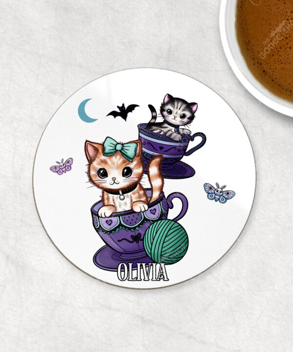 personalised kitschy kitty cats in teacups 9cm round glossy coaster