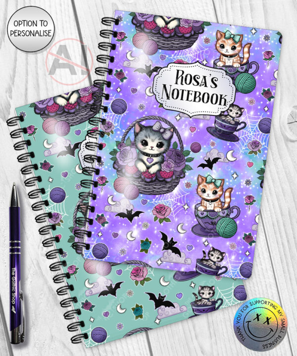 personalised kitschy kitty cats in teacups notebook journal