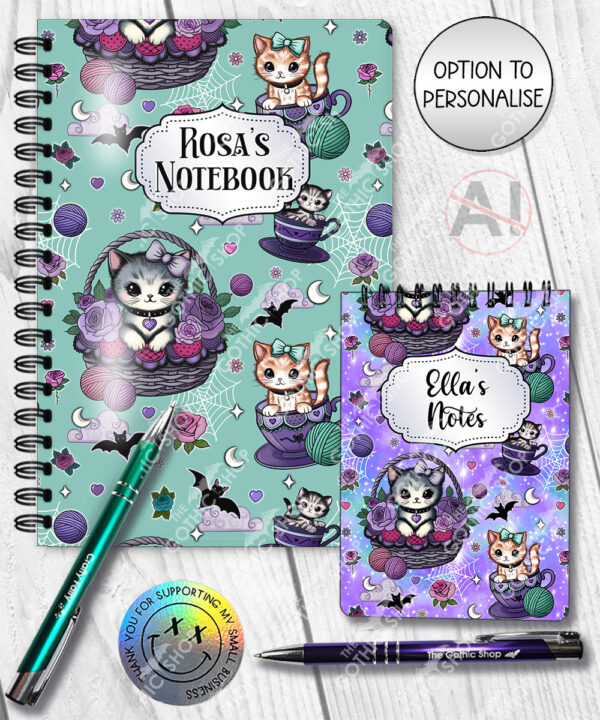 personalised kitschy kitty cats in teacups notebook journal