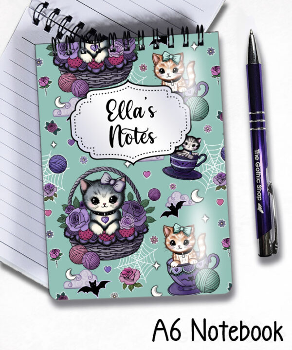 personalised kitschy kitty cats in teacups notebook journal