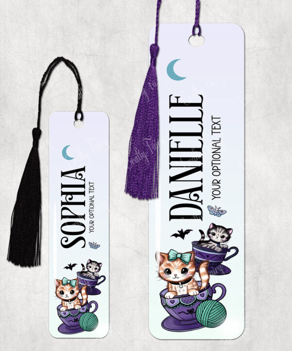 personalised kitschy kitty cats in teacups metal bookmark gift