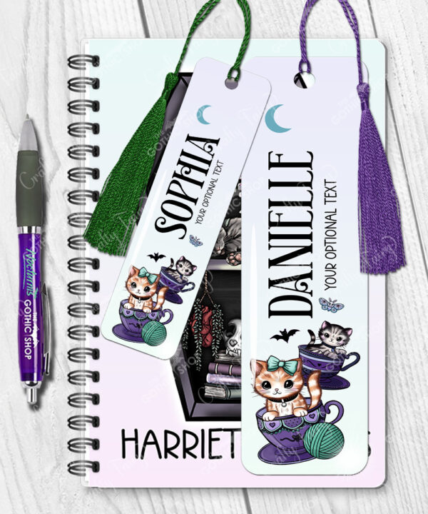 personalised kitschy kitty cats in teacups metal bookmark gift