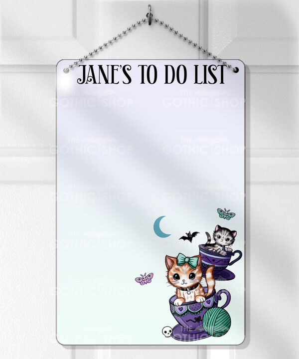 personalised kitschy kitty cats in teacups planner whiteboard metal sign