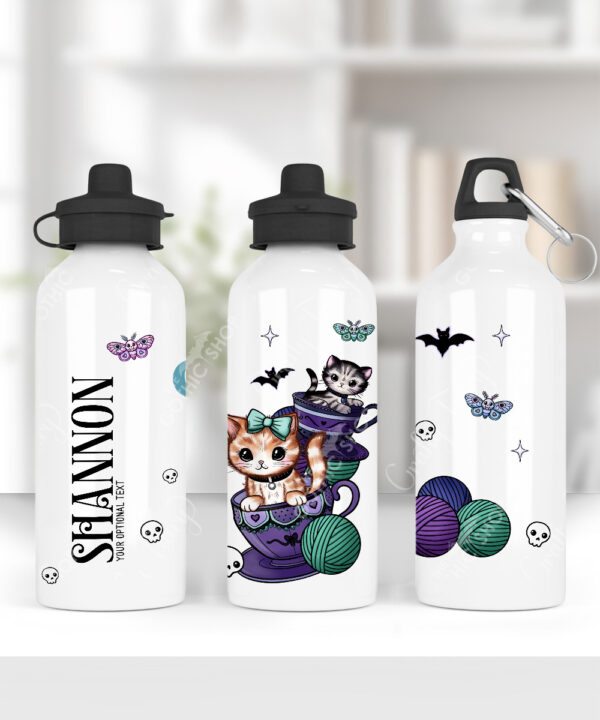 personalised kitschy kitty cats in teacups 600ml screw lid water bottle