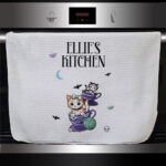 personalised kitschy kitty cats in teacups kitchen tea towel gift