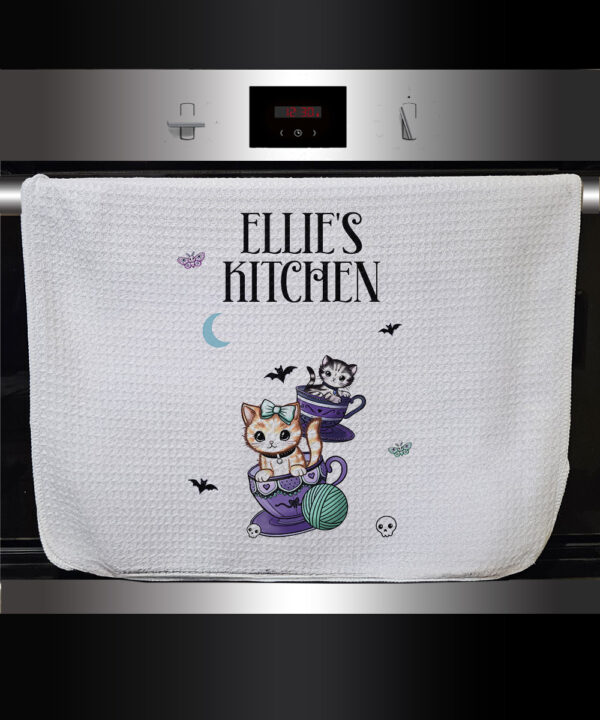 personalised kitschy kitty cats in teacups kitchen tea towel gift
