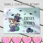 personalised kitschy kitty cats in teacups gothic glass chopping board or worktop protector gift