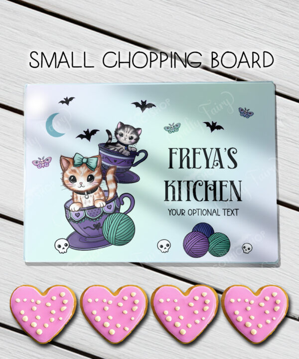 personalised kitschy kitty cats in teacups gothic glass chopping board or worktop protector gift