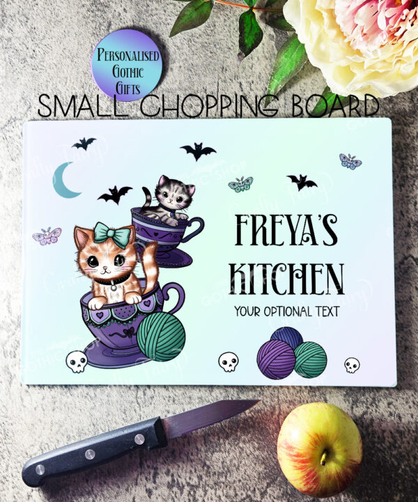 personalised kitschy kitty cats in teacups gothic glass chopping board or worktop protector gift