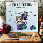 personalised kitschy kitty cats in teacups gothic glass chopping board or worktop protector gift