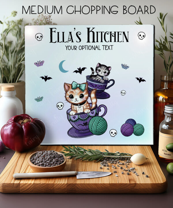 personalised kitschy kitty cats in teacups gothic glass chopping board or worktop protector gift