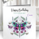 personalised pretty goth moth birthday card