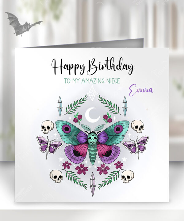 personalised pretty goth moth birthday card