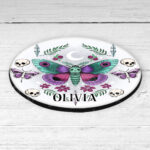 personalised pretty goth moth 9cm round glossy coaster