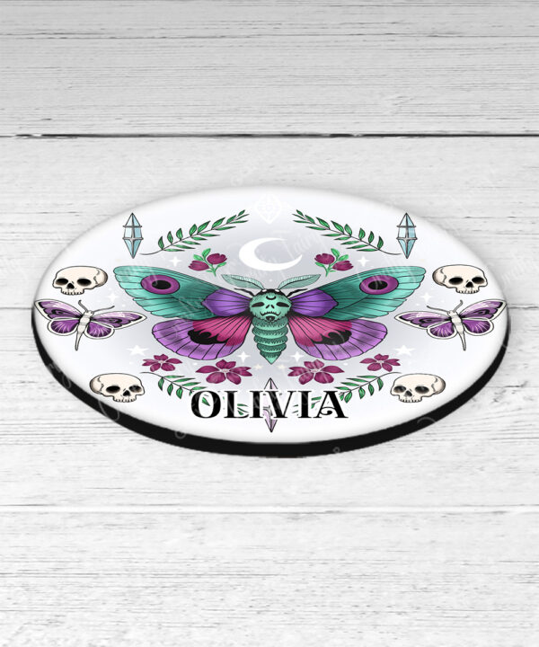 personalised pretty goth moth 9cm round glossy coaster