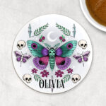 personalised pretty goth moth 9cm round glossy coaster