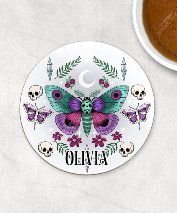 personalised pretty goth moth 9cm round glossy coaster