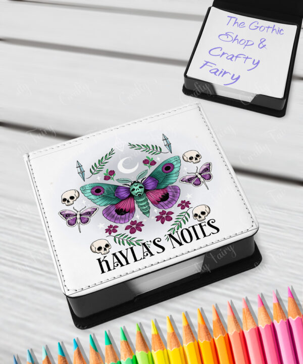 personalised pretty goth moth memo notes holder gift