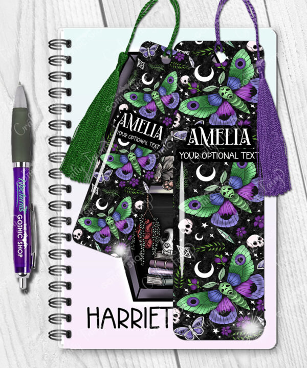 personalised pretty goth moth metal bookmark