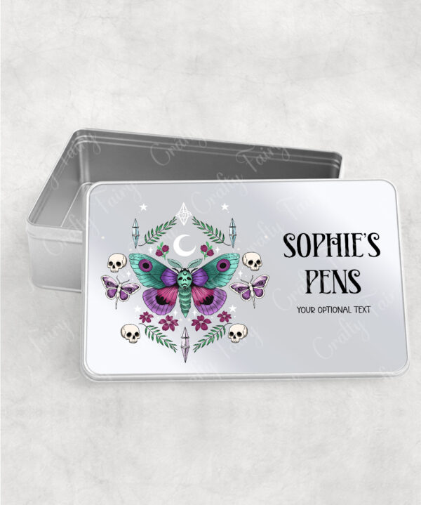 personalised pretty goth moth rectangular tin gift