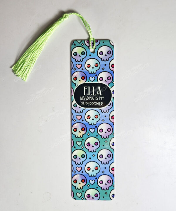 kawaii heart skulls blue/green stripe gothic metal bookmark option to personalise