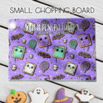 personalised kawaii spooky treats biscuits purple gothic glass chopping board or worktop protector gift