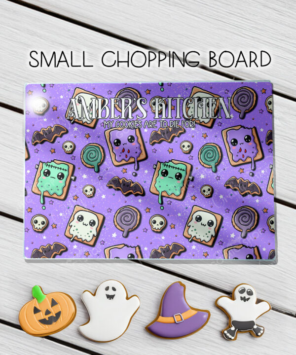 personalised kawaii spooky treats biscuits purple gothic glass chopping board or worktop protector gift