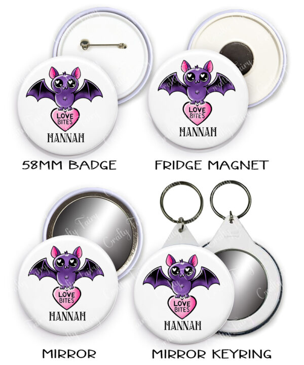 15464 personalised love bites purple bat keyring mirror 1
