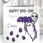 personalised kawaii ghost & balloons halloween or birthday card