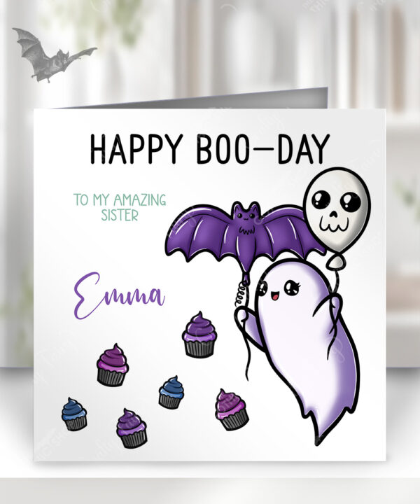 personalised kawaii ghost & balloons halloween or birthday card