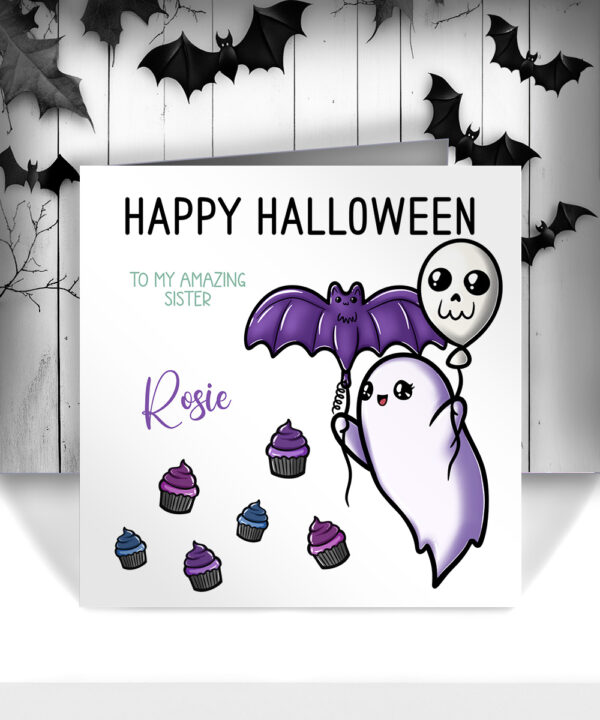 personalised kawaii ghost & balloons halloween or birthday card