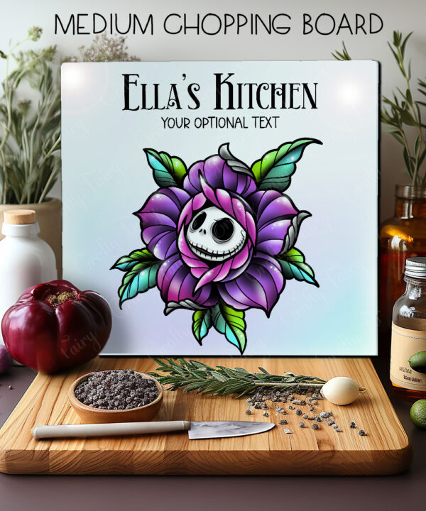 personalised purple skelly rose gothic glass chopping board 2 size options