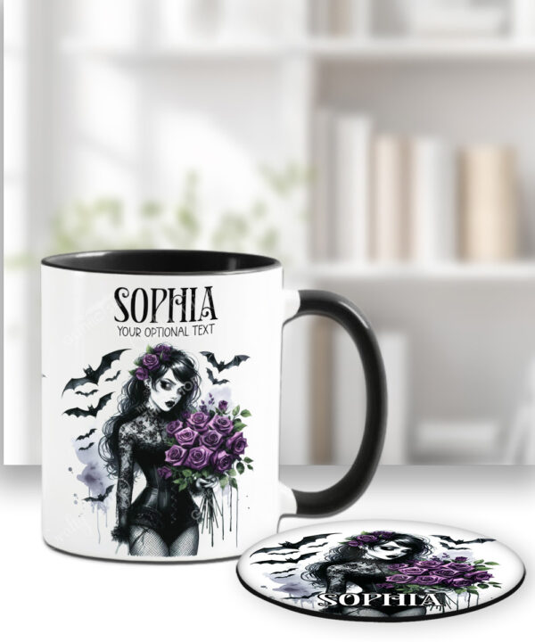personalised belladonna goth lady purple roses gothic spooky mug