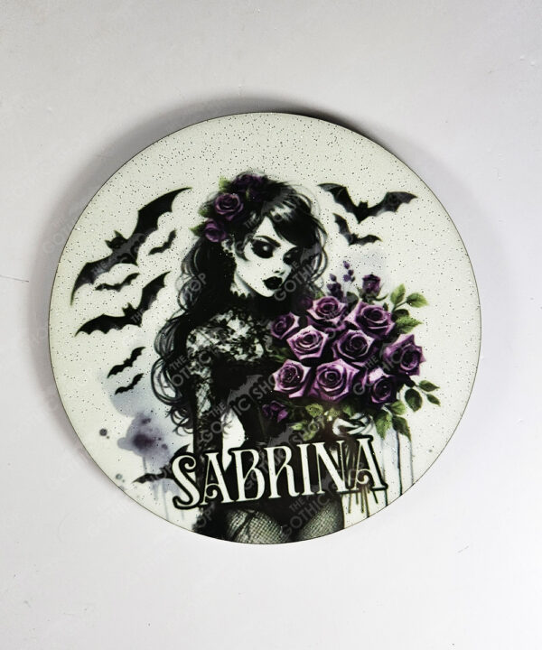 personalised belladonna goth lady purple roses gothic 9cm round glossy coaster