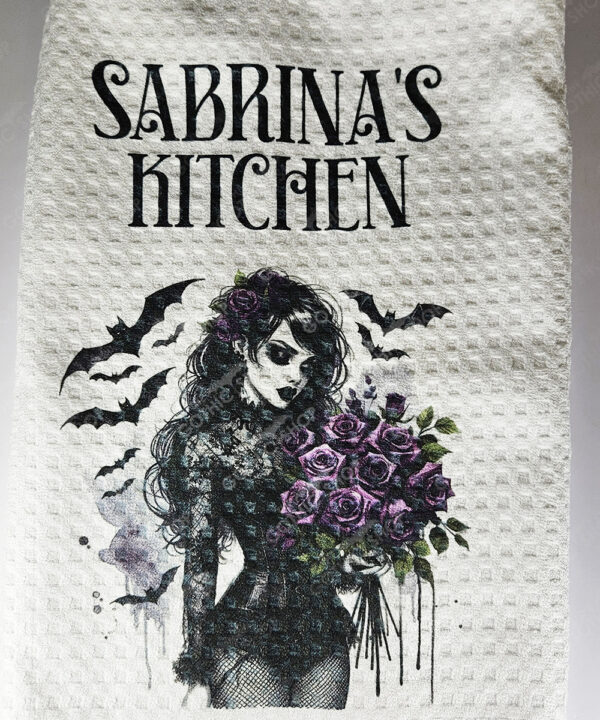 personalised belladonna goth lady purple roses gothic kitchen tea towel gift