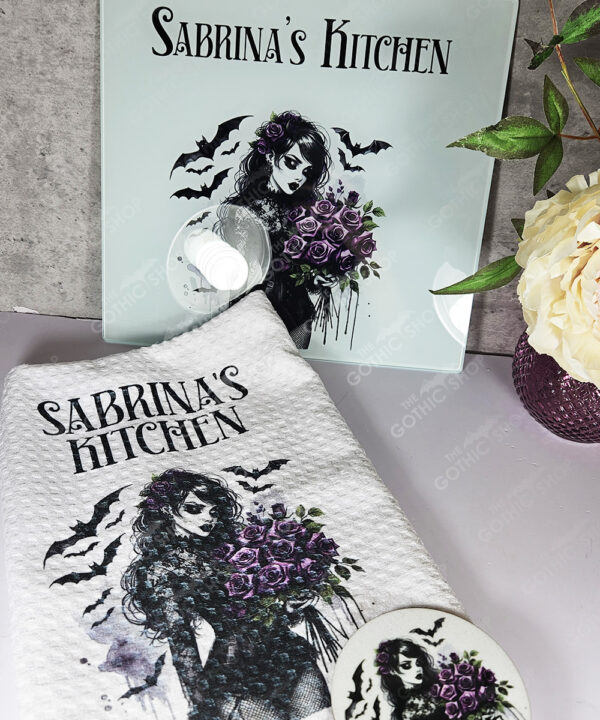 personalised belladonna goth lady purple roses gothic kitchen tea towel gift