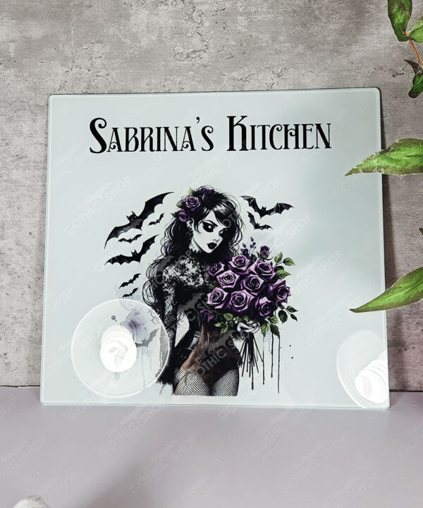 belladonna goth lady purple roses gothic glass chopping board option to personalise
