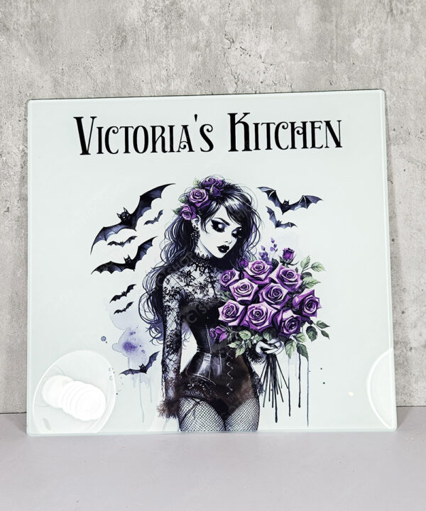belladonna goth lady purple roses gothic glass chopping board option to personalise