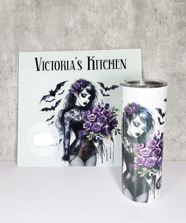 belladonna goth lady purple roses gothic glass chopping board option to personalise
